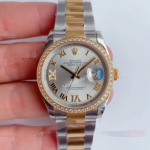 EW Factory Copy Rolex Datejust Two Tone Yellow Gold Silver Dial Diamond Bezel Watch 36mm